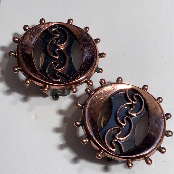 Vintage 1950s RENOIR & MATISSE  Enamel Leaf & Copper Abstract Design Earrings - Picture 2 of 7